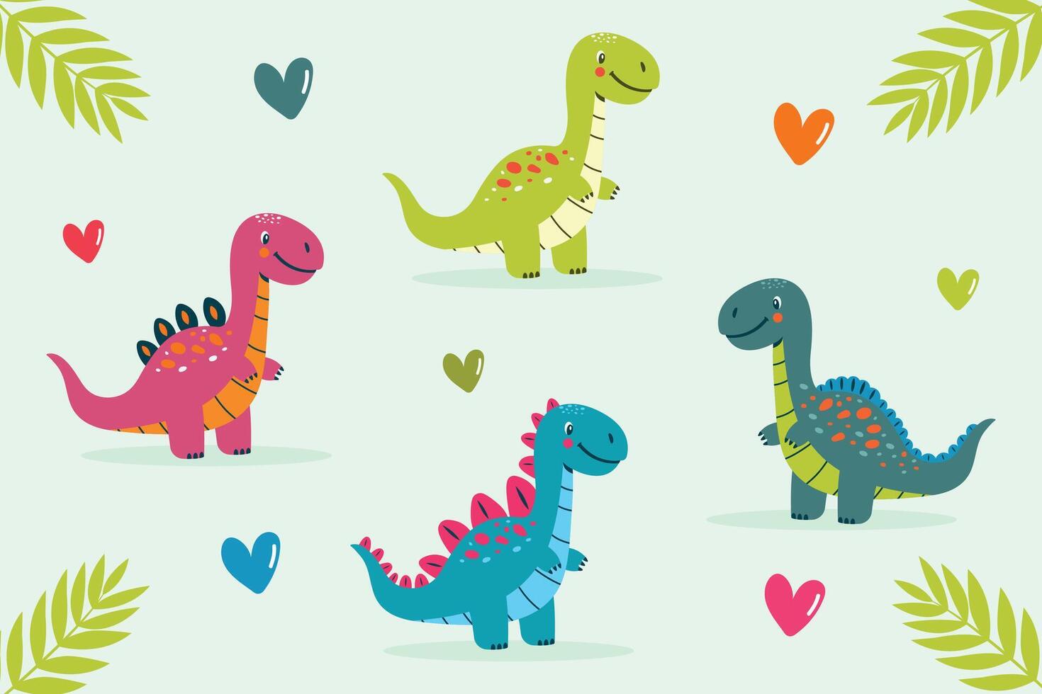 cute dinosaur set flat illustration with different colorful dinosaurs for kids. vector