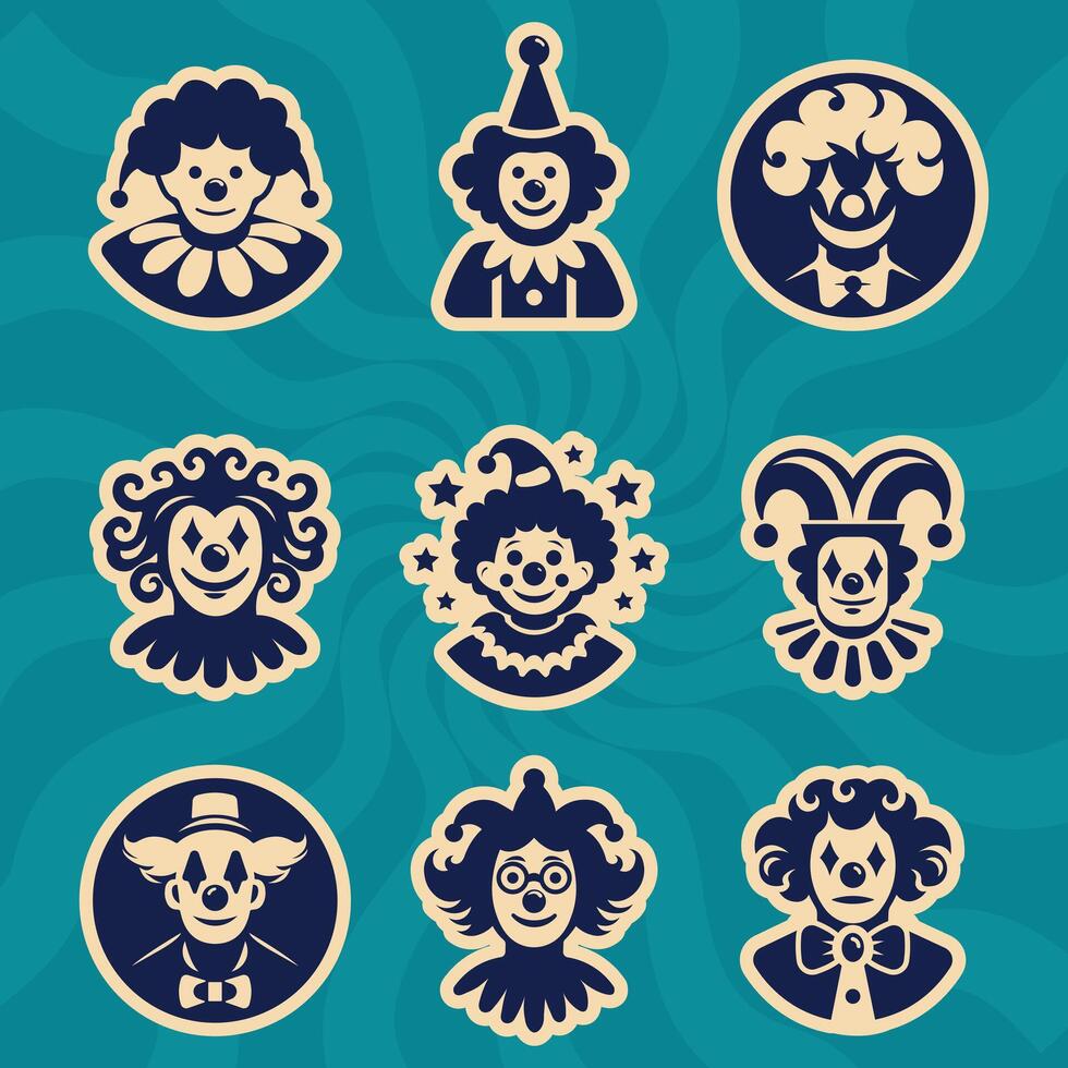 clown sticker set in retro colors flat illustration. vector