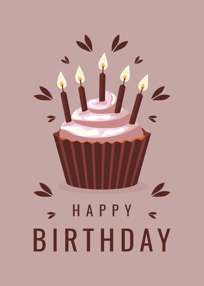 minimalistic birthday card with cupcake and candles flat illustration. vector