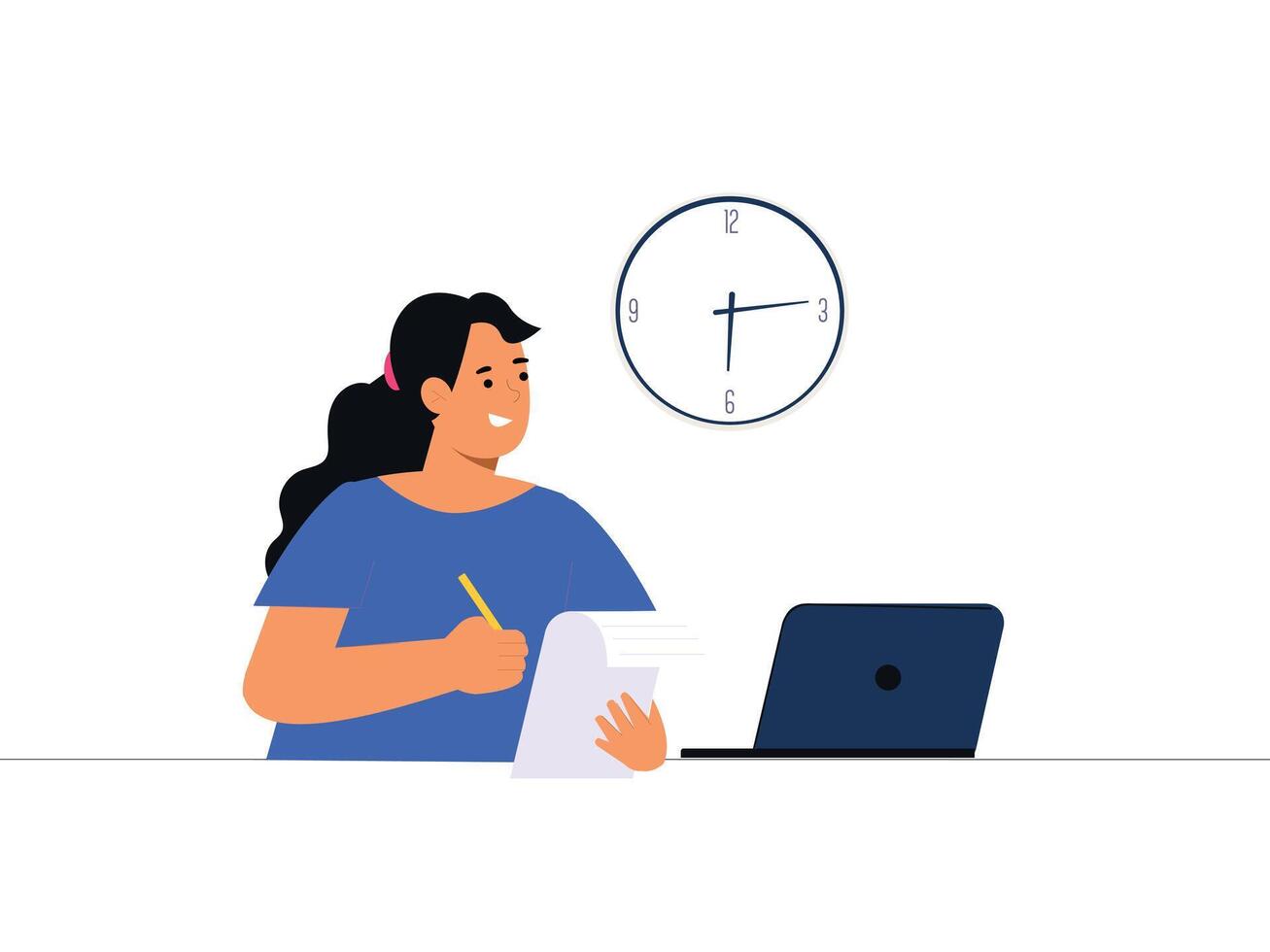 Office Working Girl sitting behind laptop. Cute girl working from office With holding a pen and paper. Cartoon flat illustration isolated on white background vector
