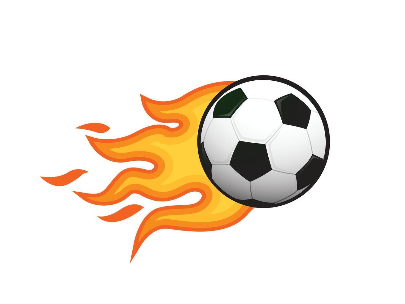 Football ball flying engulfed in flames, firing in darkness after powerful strike realistic isolated on black background. Soccer championship, sport competition announcement design element vector