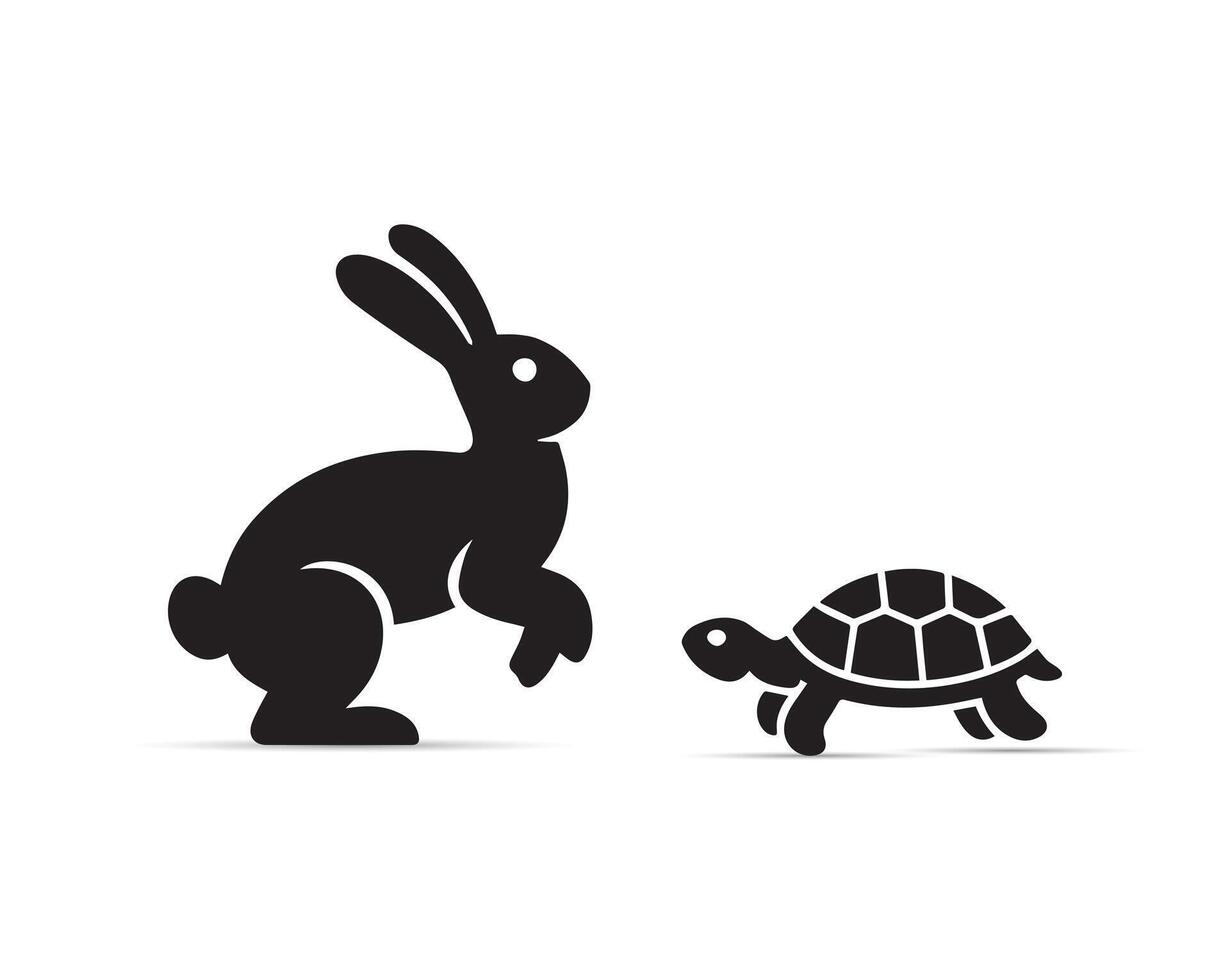 Rabbit and turtle set of black silhouette illustrations featuring various pets and animals running vector
