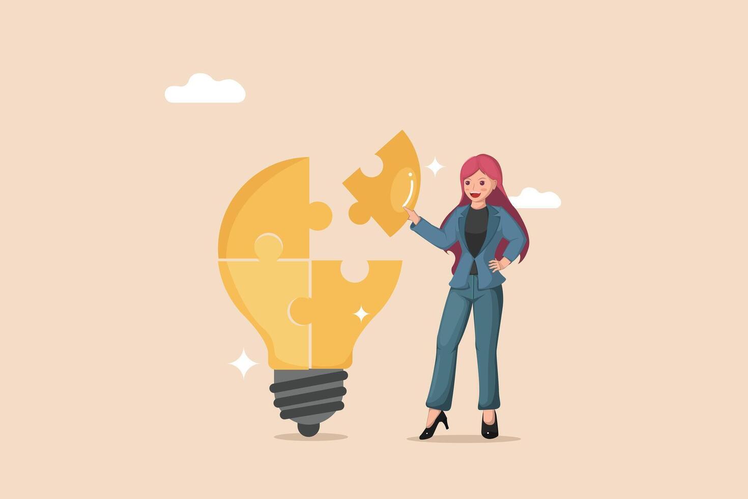 Building a Bright Idea Woman Adding a Piece to a Puzzle Shaped Like a Light Bulb, Representing Problem Solving and Creativity. vector