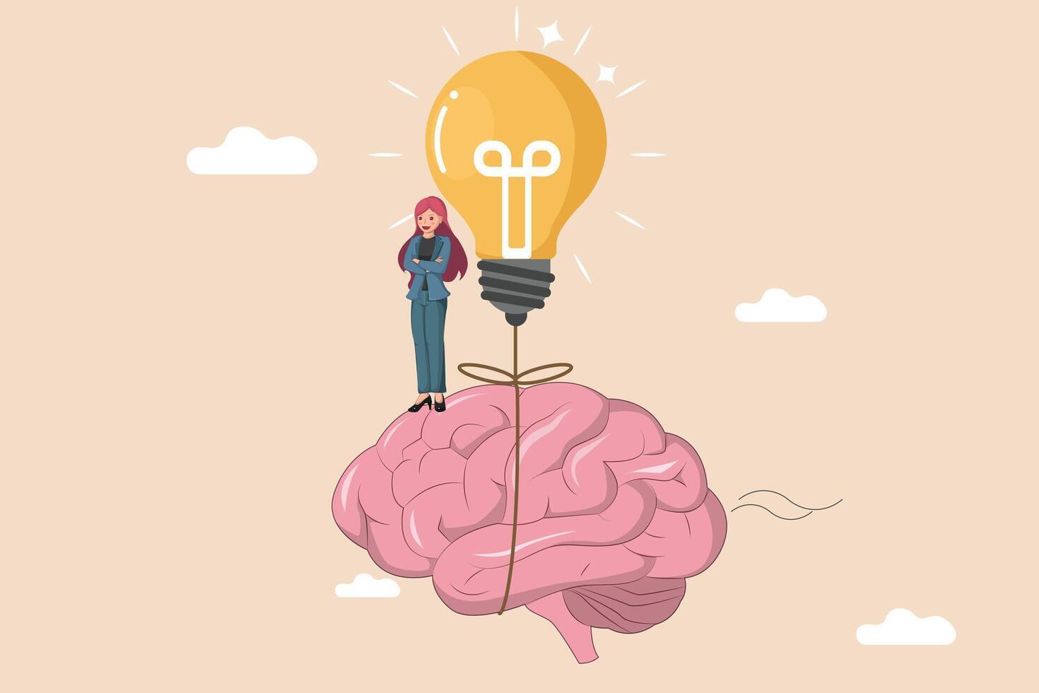The Power of Creative Thought. Conceptual Illustration of a Woman Standing on a Brain with a Shining Light Bulb. vector