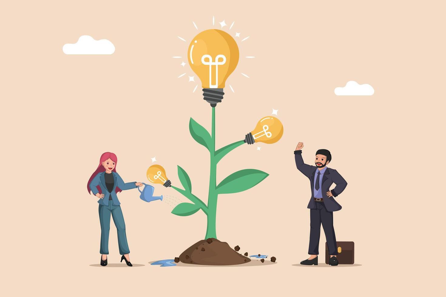 Cultivating Business Ideas for Growth A Woman Watering a Plant with Light Bulbs as Flowers, While a Man Celebrates. vector