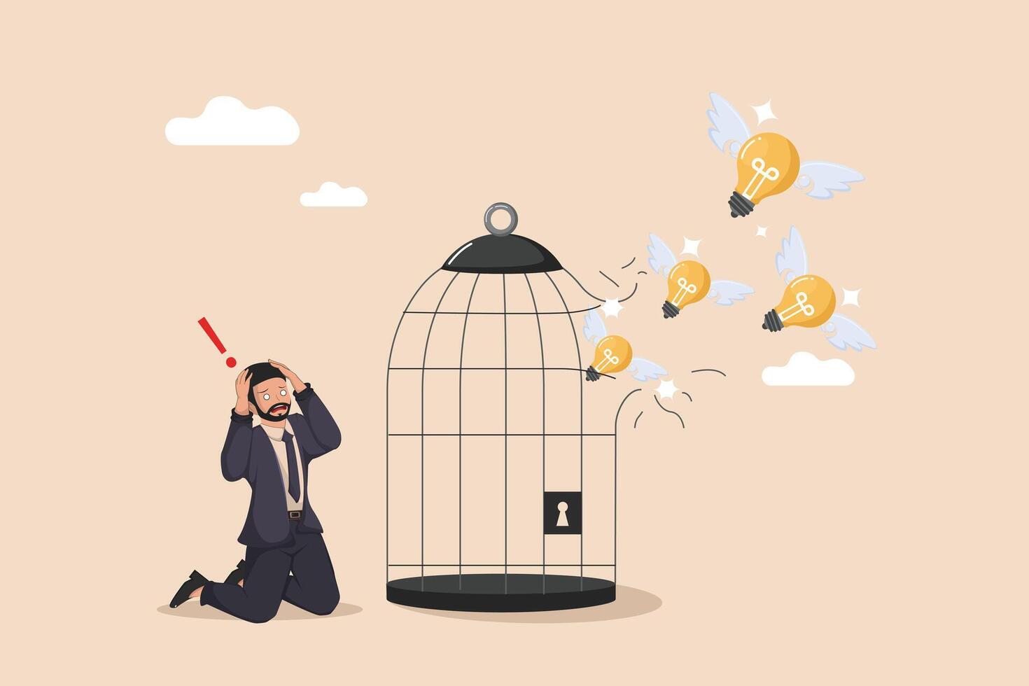 Escaping the Trap of Stifled Ideas A Businessman Kneeling Outside an Open Cage as Flying Lightbulbs Soar Away. vector
