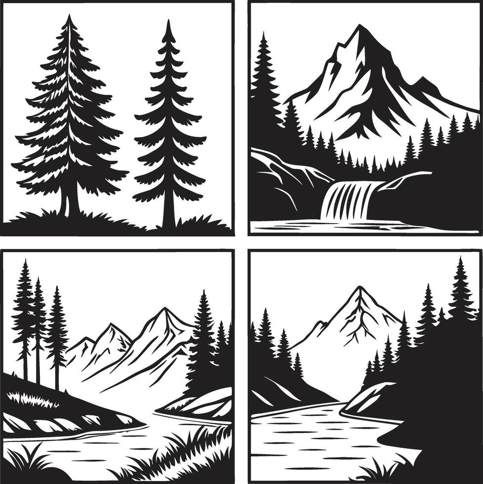 Black and white nature illustrations showcasing trees mountains river and waterfall landscapes vector