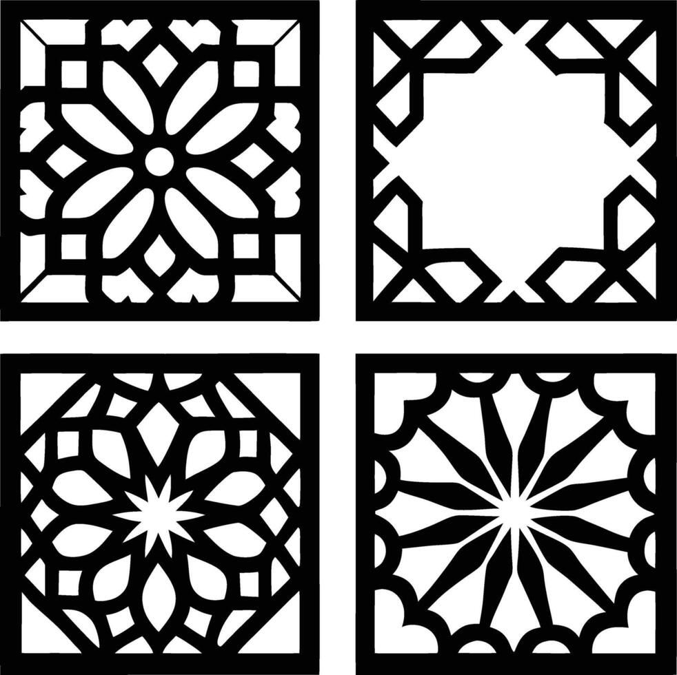 Black and white geometric pattern design featuring intricate floral and star shapes in squares vector