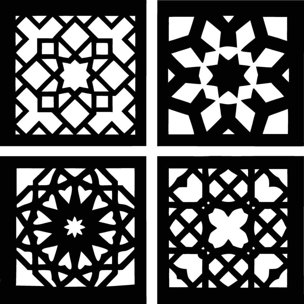 Geometric designs in black and white featuring islamic or moroccan inspired patterns vector