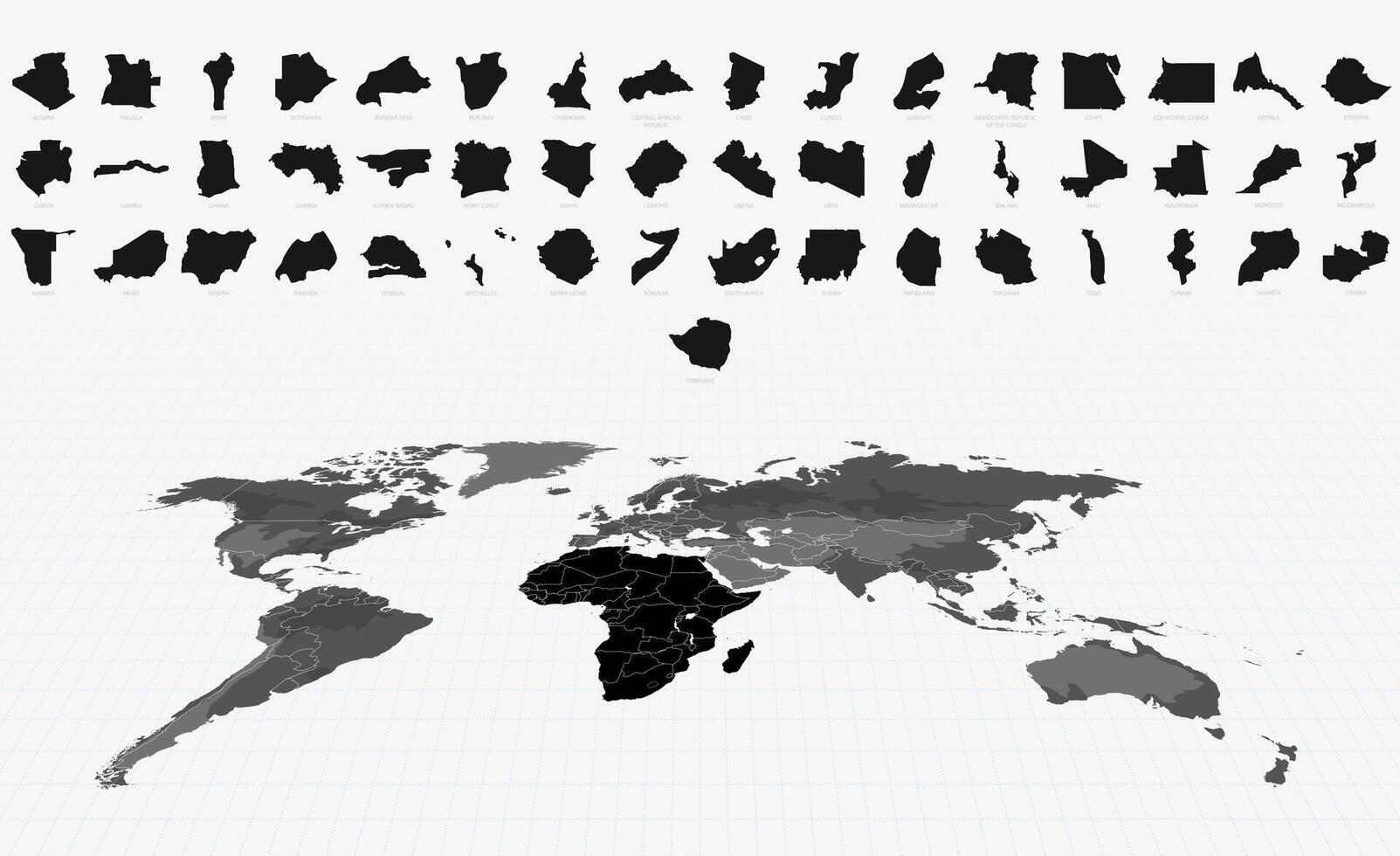 Black Maps of African Nations on a Highlighted Global Map. Big Maps Collection vector