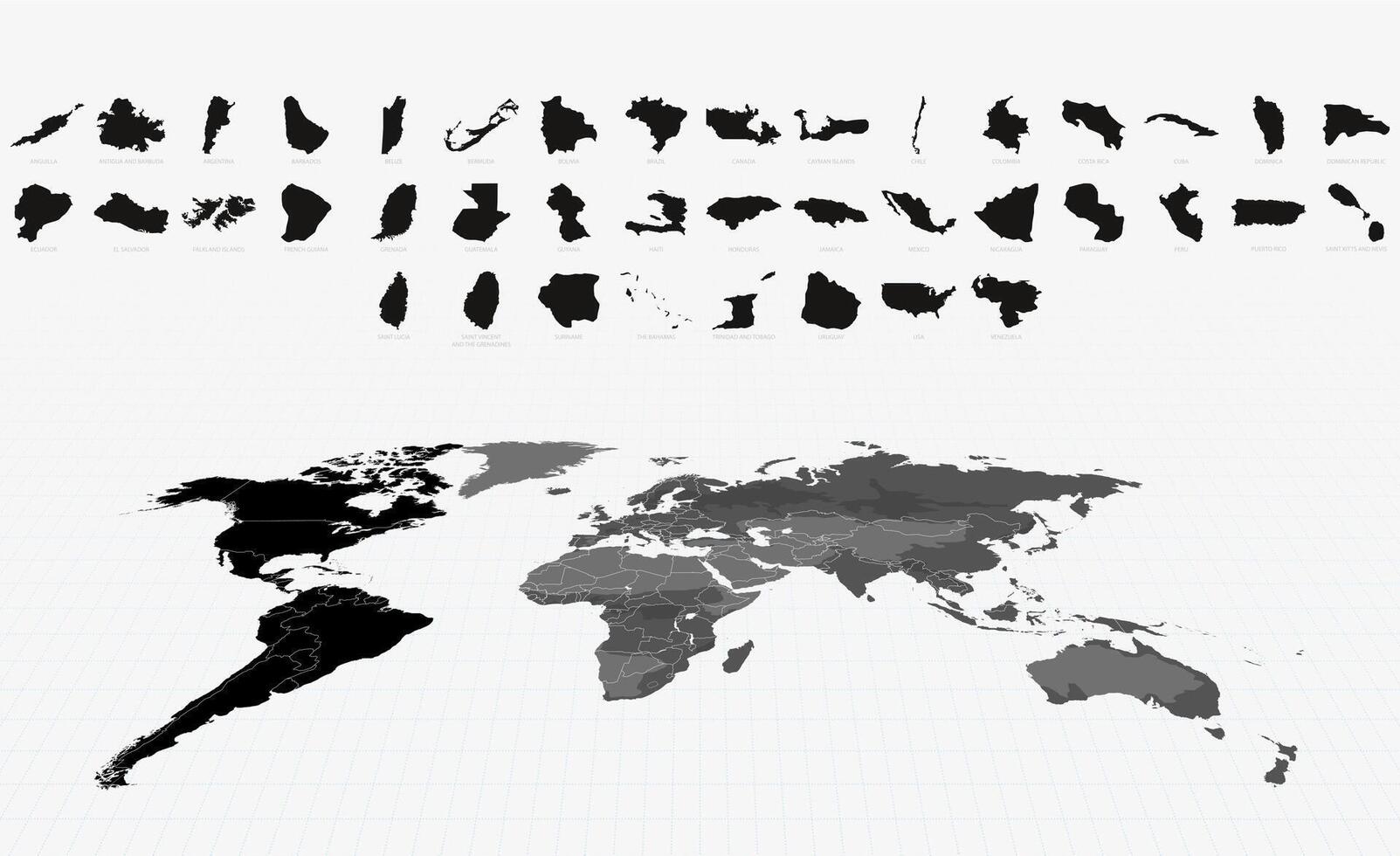 Black Maps of American Nations on a Highlighted Global Map. Big Maps Collection vector