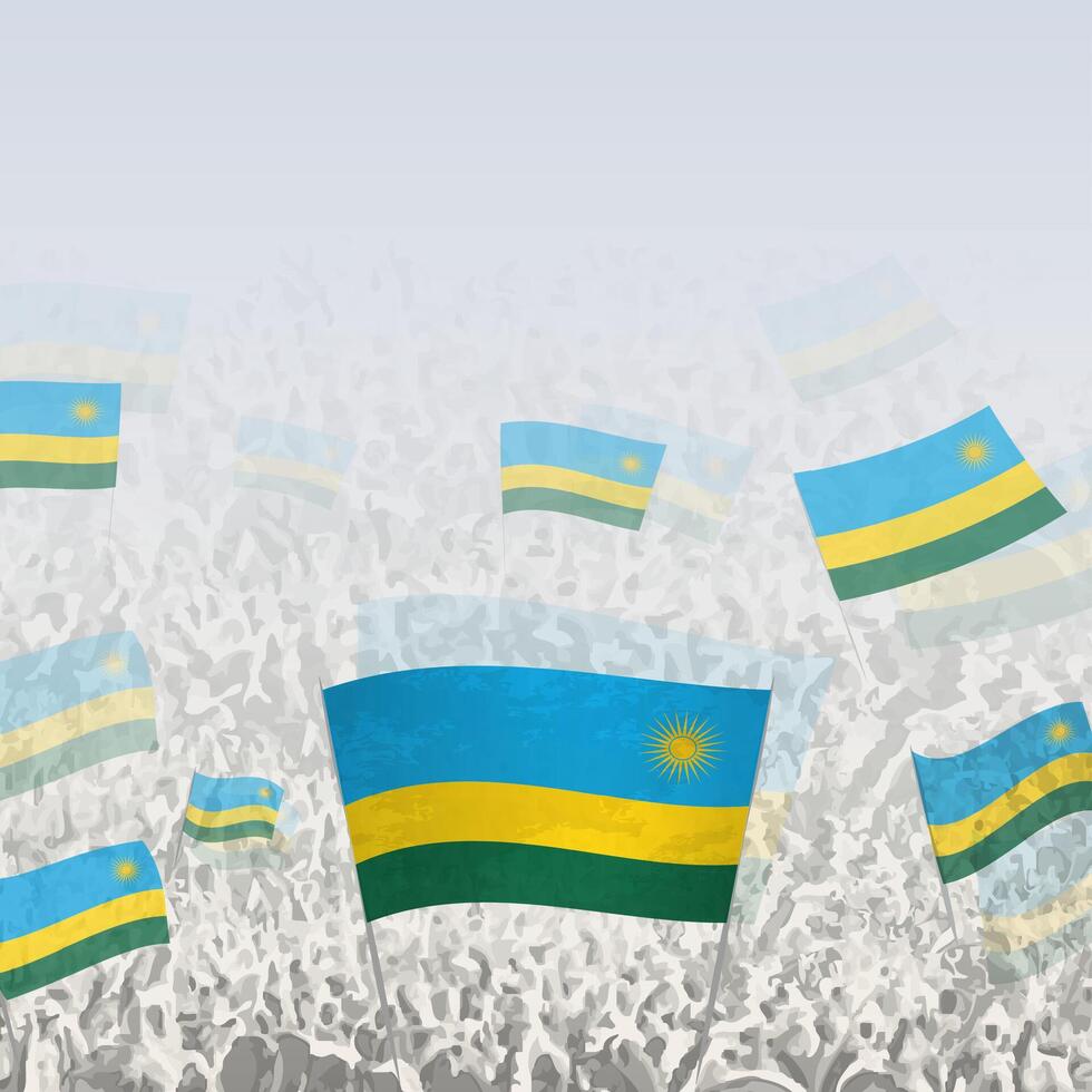 Crowd of people waving flag of Rwanda square graphic for social media and news. vector