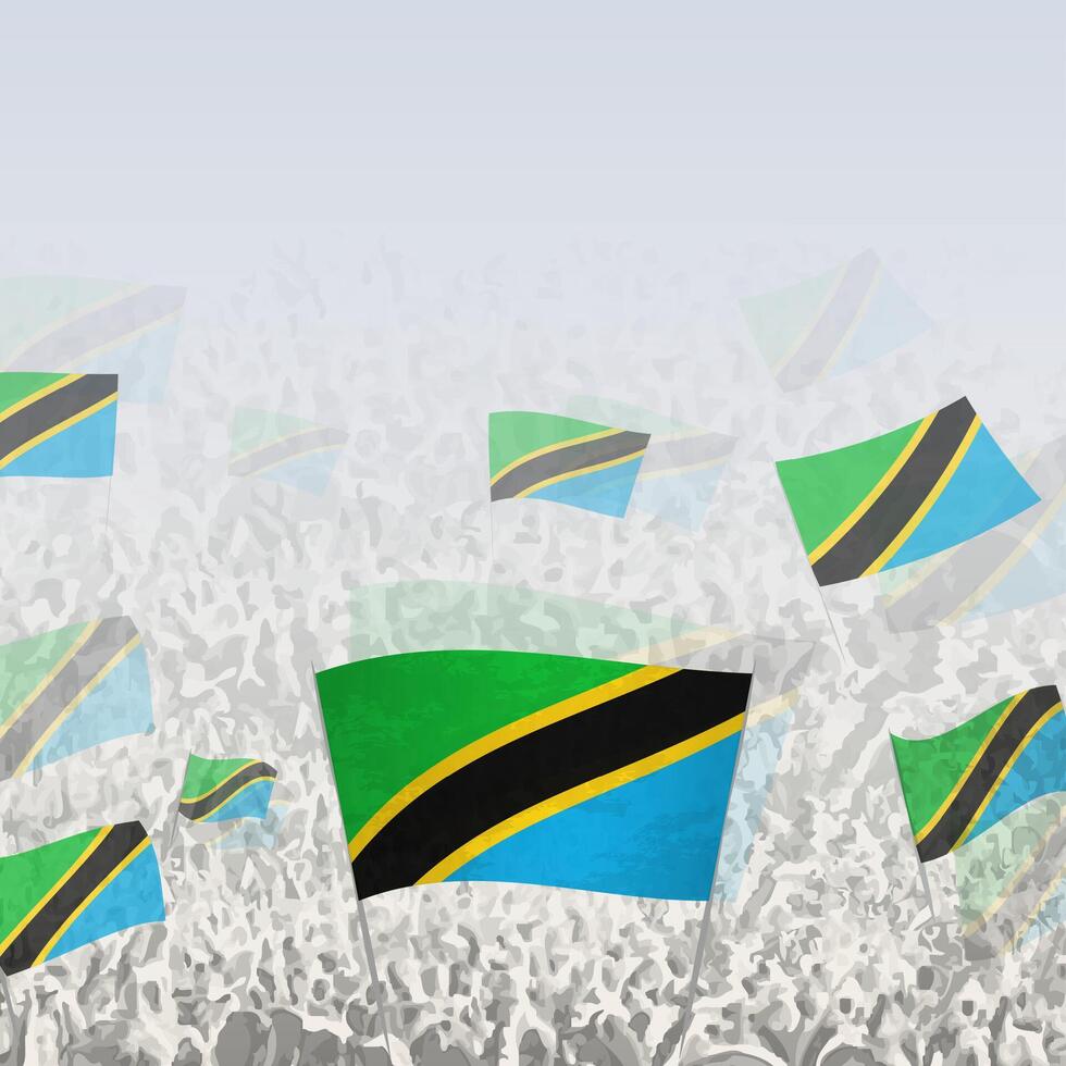 Crowd of people waving flag of Tanzania square graphic for social media and news. vector