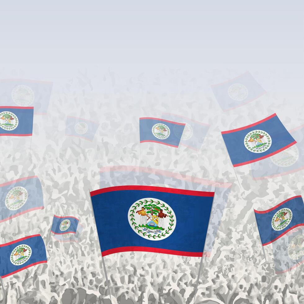 Crowd of people waving flag of Belize square graphic for social media and news. vector