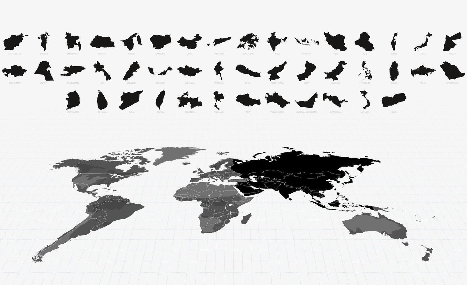 Black Maps of Asian Nations on a Highlighted Global Map. Big Maps Collection vector
