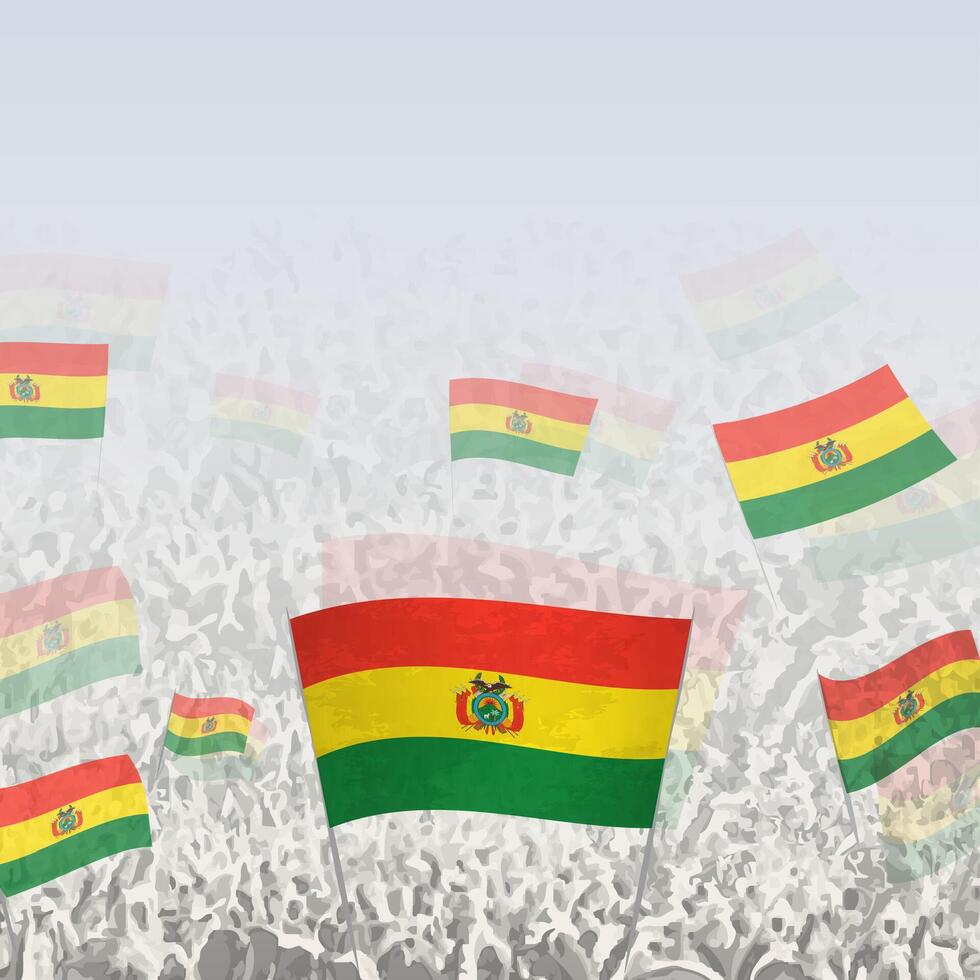 Crowd of people waving flag of Bolivia square graphic for social media and news. vector