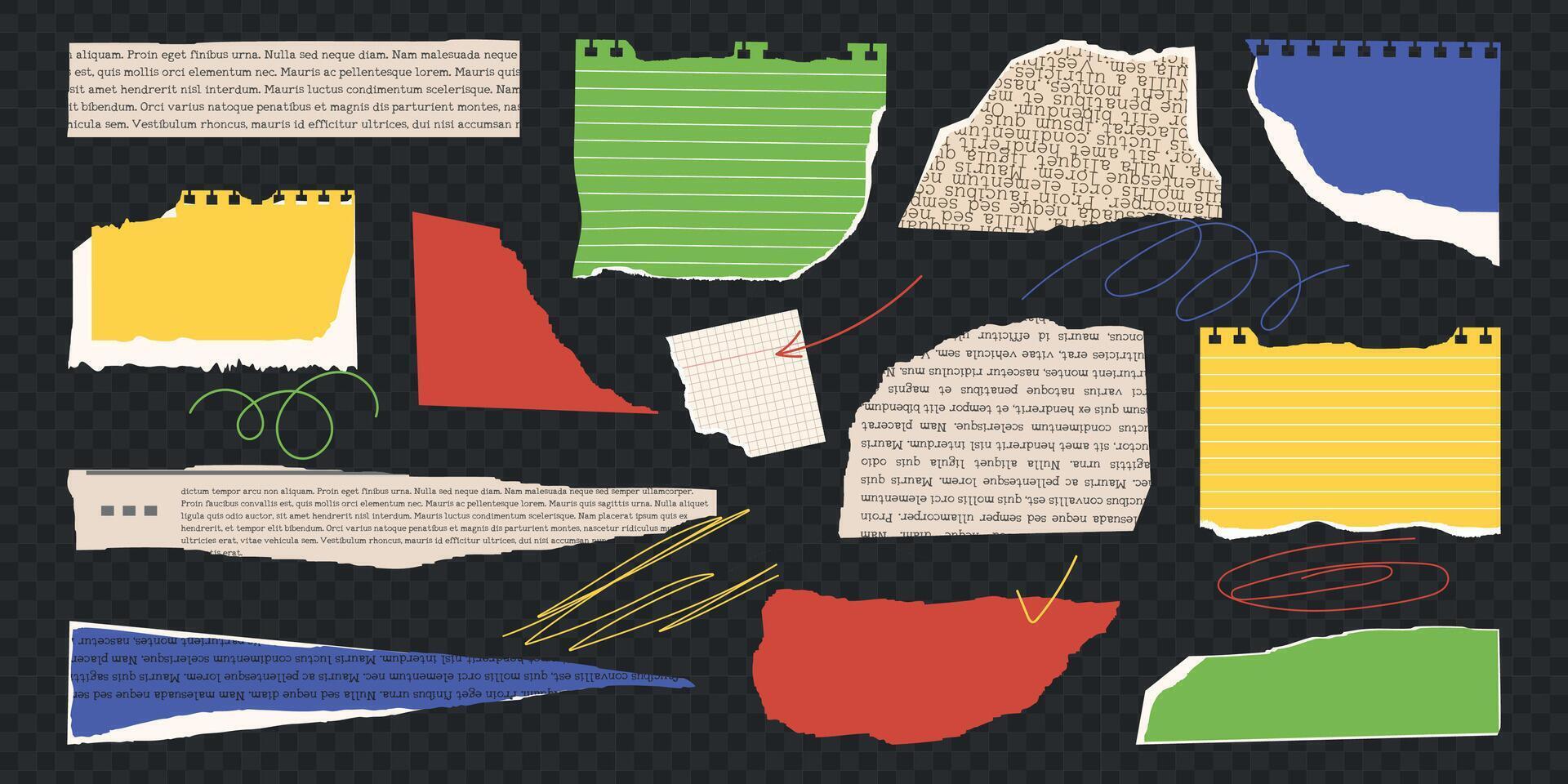 Rip torn paper set. Old gazettes piece collection. Retro newspaper set, notebook sheet, colored elements for sticker, grunge texture, collage, poster. vector