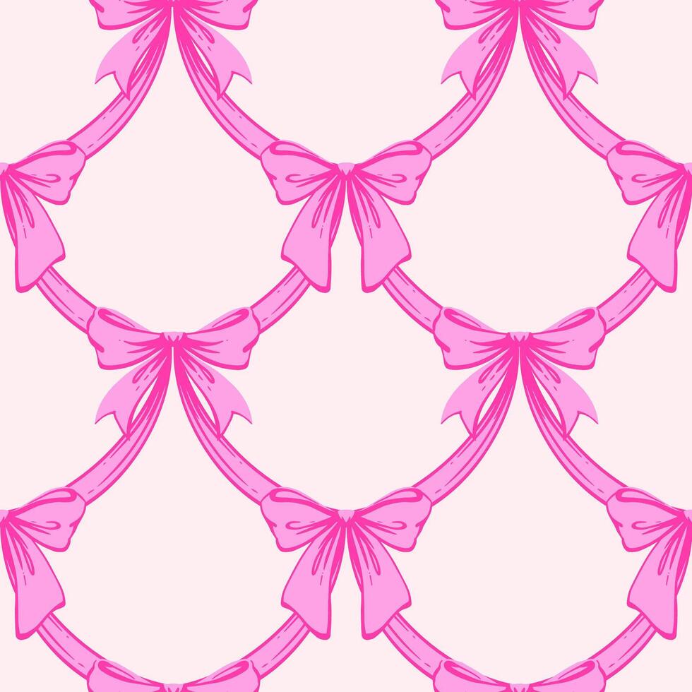 Pink Ribbon Bow Garland Seamless Pattern. Coquette, Vintage, feminine design with hand-drawn garland of pink bows. Rococo aesthetics for romantic background. Fabric prints, gift wrap vector