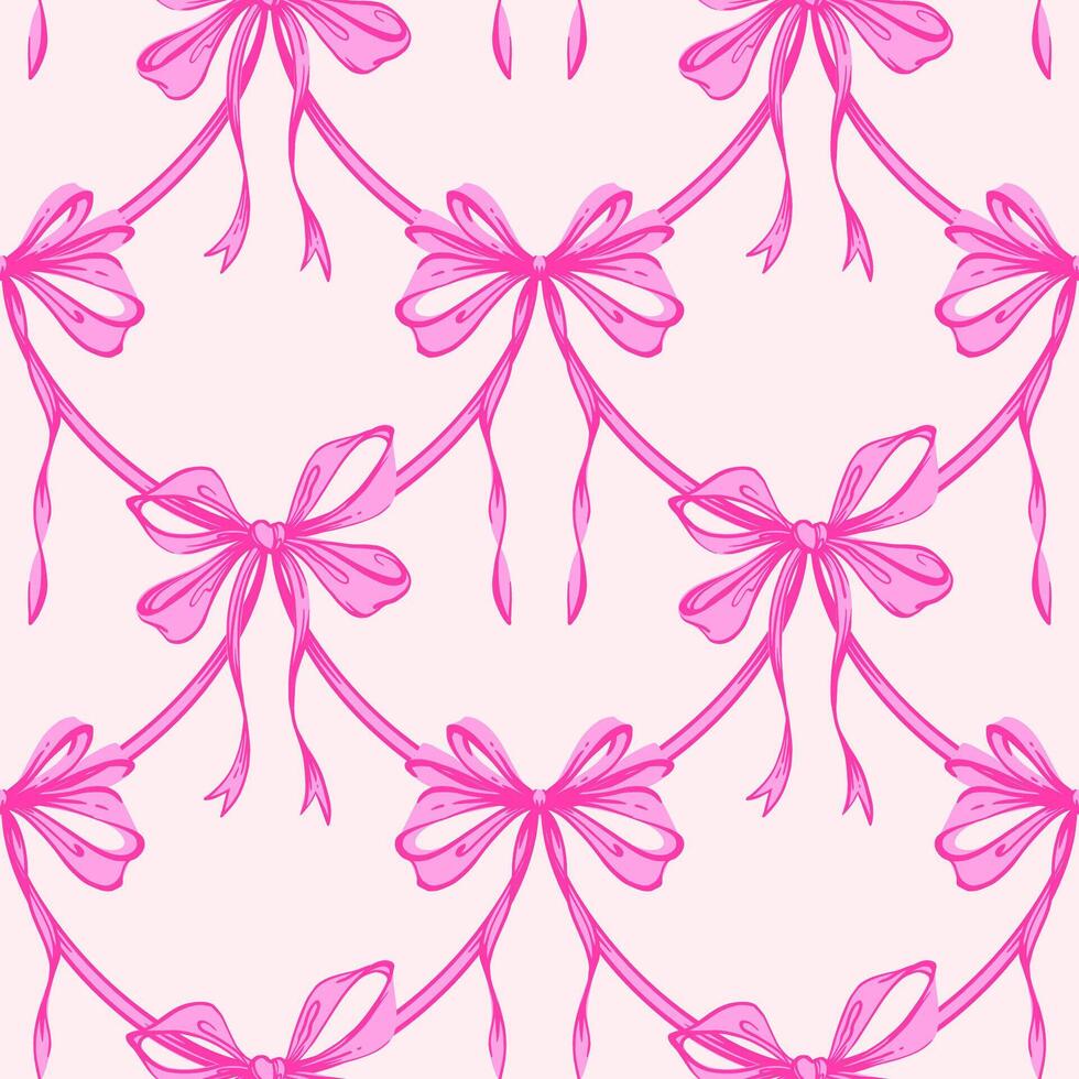 Pink Ribbon Bow Garland Seamless Pattern. Coquette, Vintage and feminine design with hand-drawn garland of pink bows. Rococo aesthetics for romantic background. Fabric prints, gift wrap vector