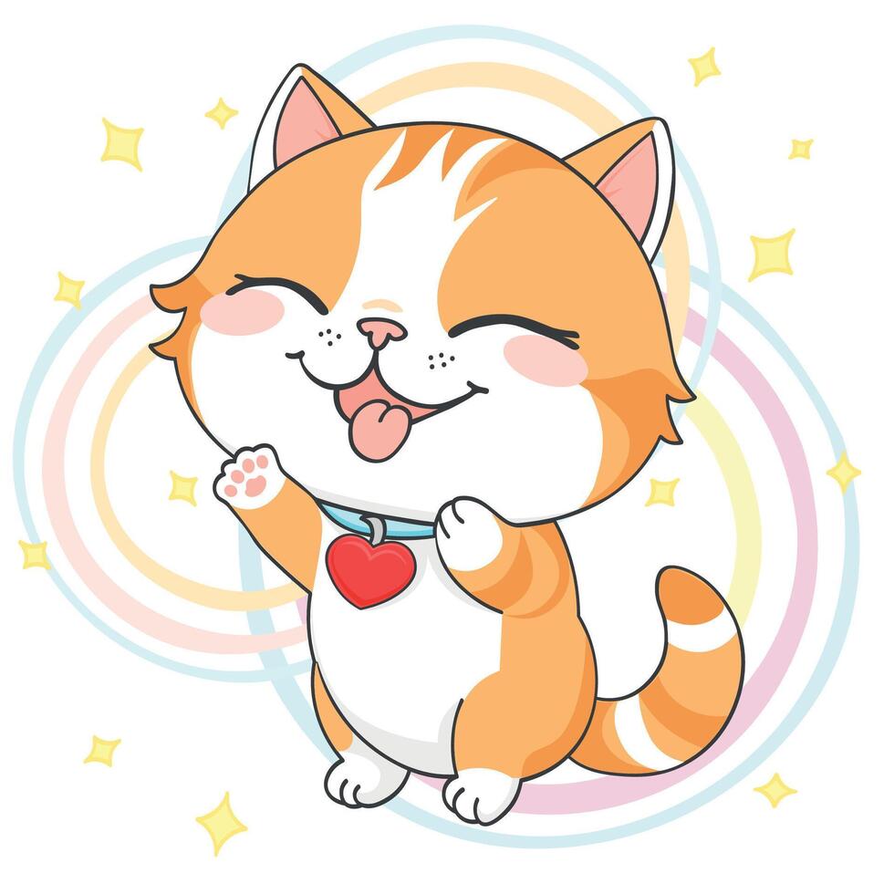 Funny chibi cat with heart collar tongue out and pastel swirl background kawaii cartoon animal vector
