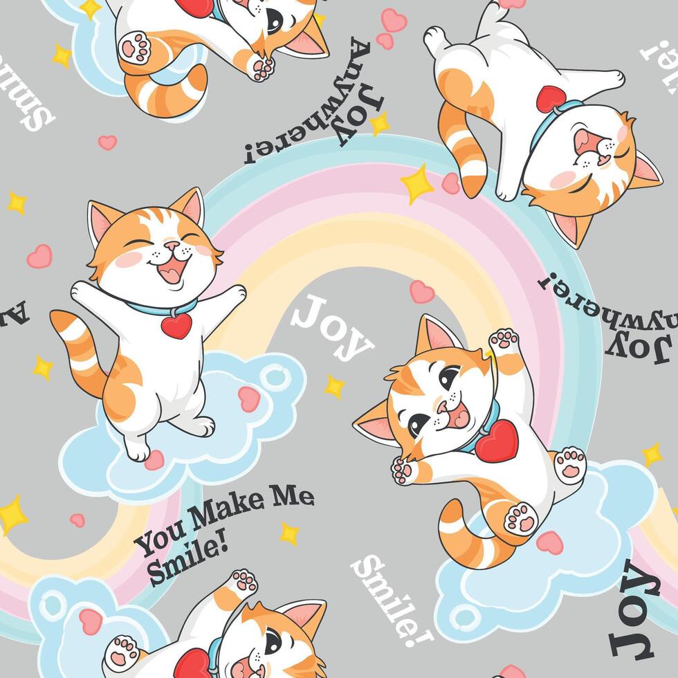 Seamless kawaii cat pattern with rainbow cloud hearts and text Joy Smile You Make Me Smile vector