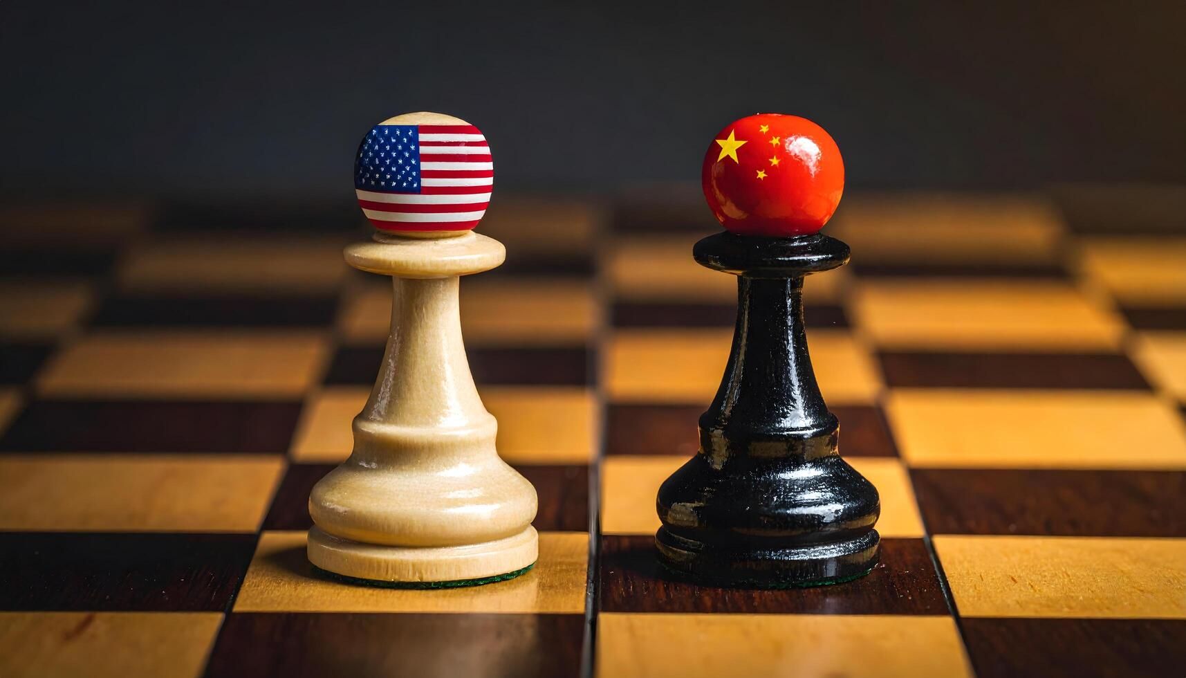 USA and China flag-themed chess pieces confront each other on a board, symbolizing global power struggle, economic rivalry, and geopolitical tension. Strategic standoff. photo