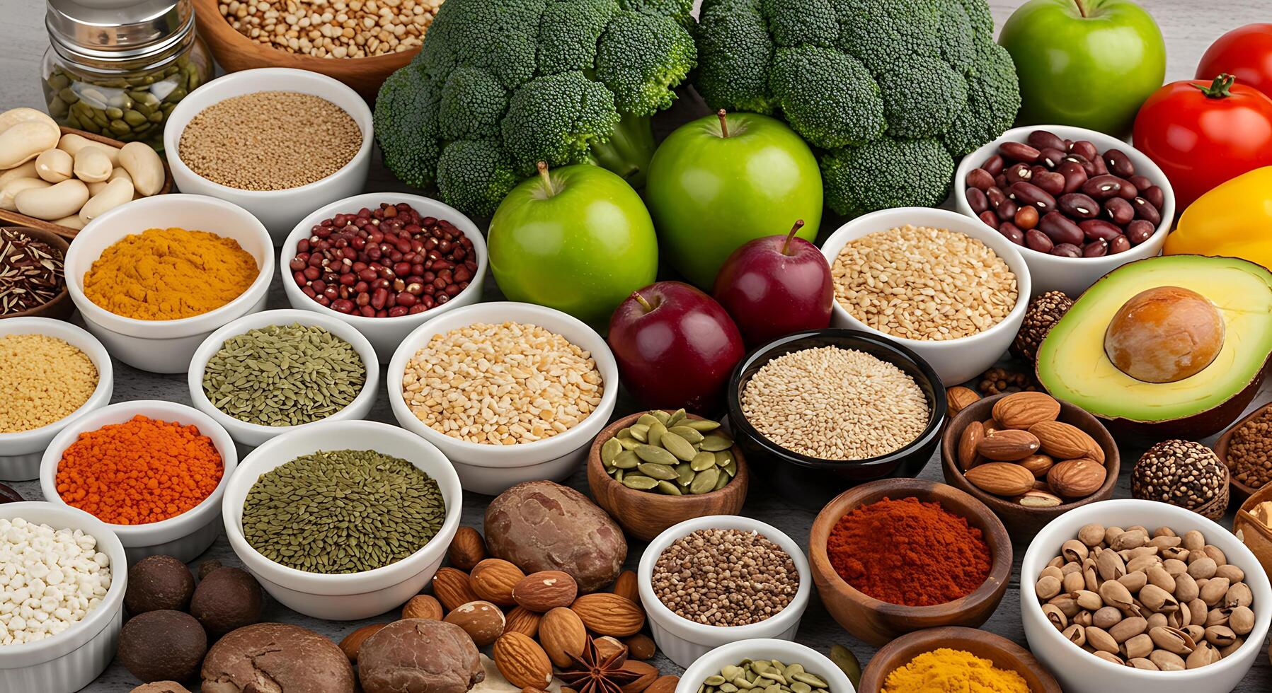 A variety of different types of healthy foods photo