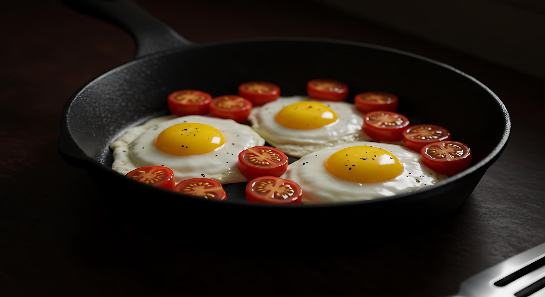 A pan with eggs and tomatoes on it photo