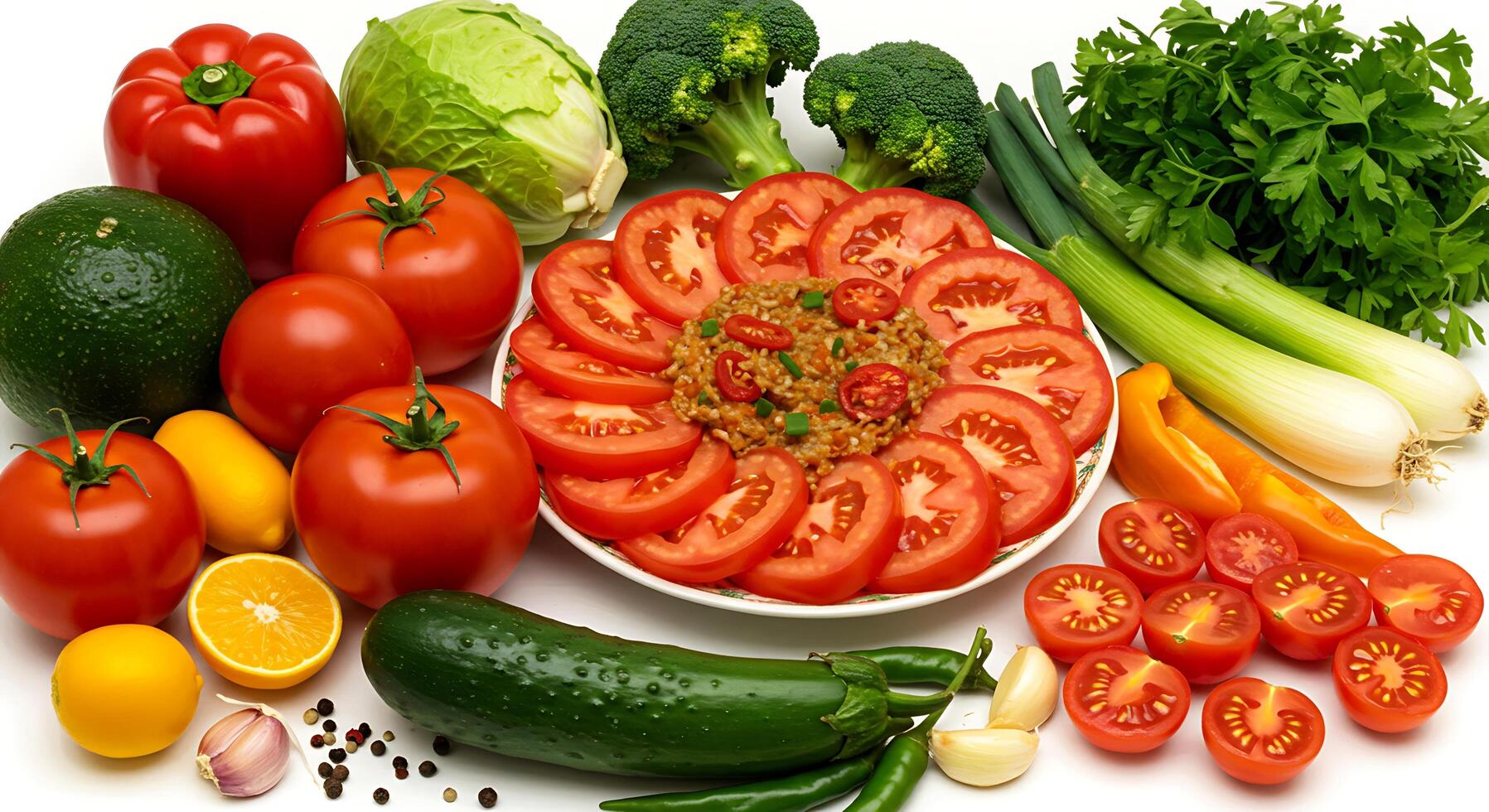 A variety of vegetables and fruits are arranged on a white surface photo