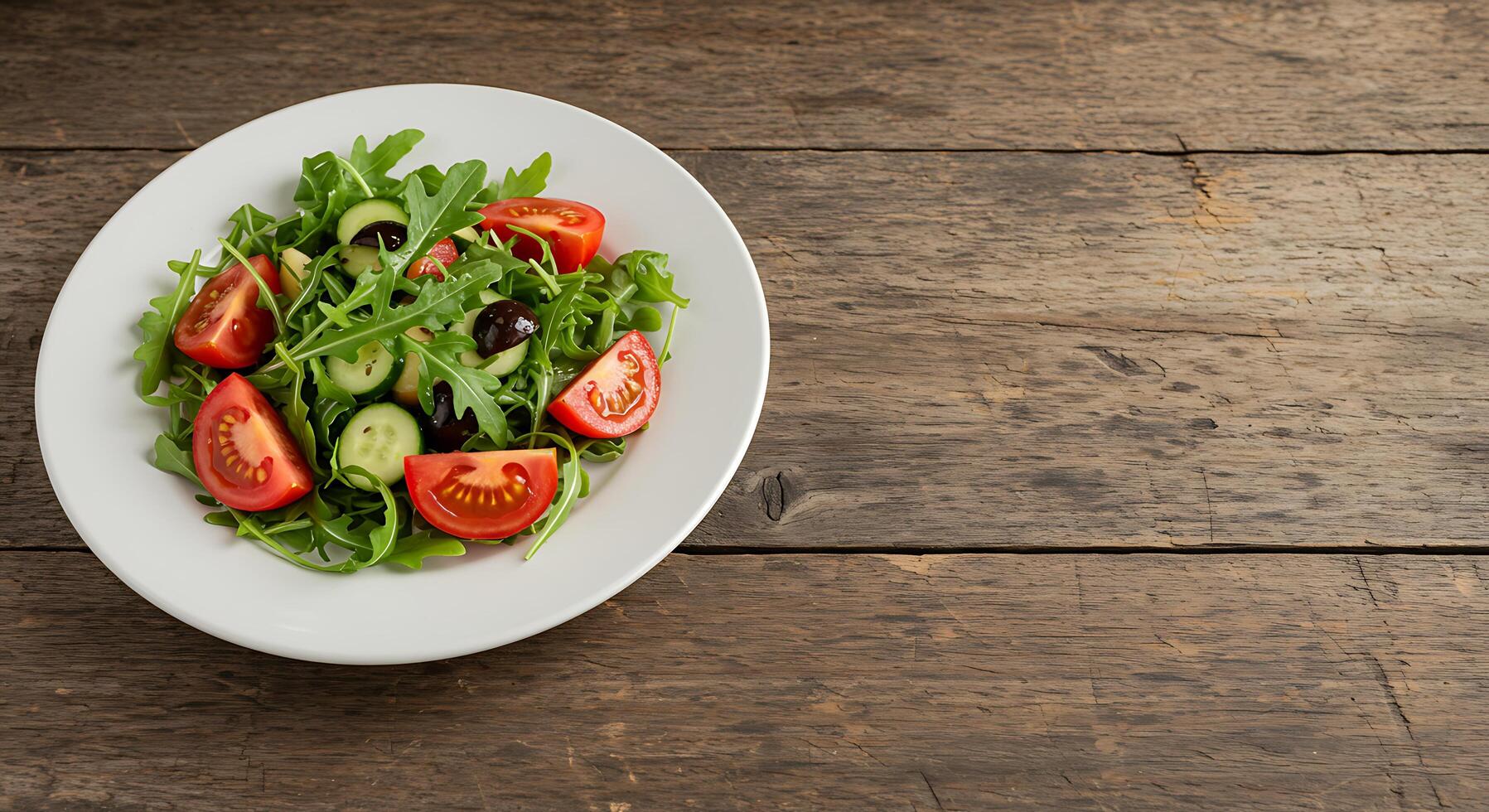 A plate of salad with tomatoes and cucumbers on a wooden table photo