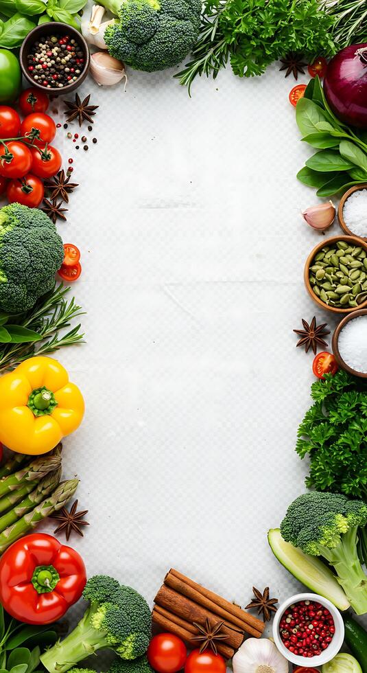 A white background with various vegetables and spices photo