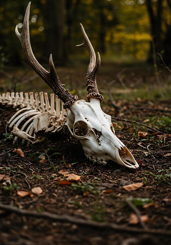 A deer skull laying on the ground photo