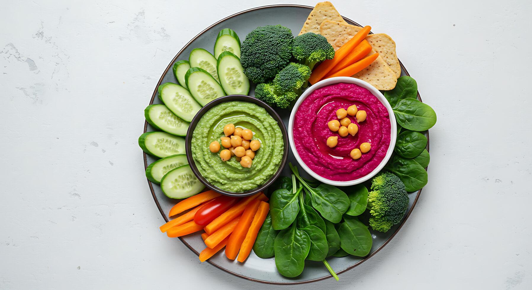 A plate with a bowl of hummus, carrots, cucumbers and spinach photo