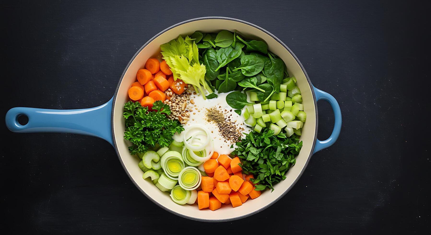 A blue pan with vegetables and spices photo