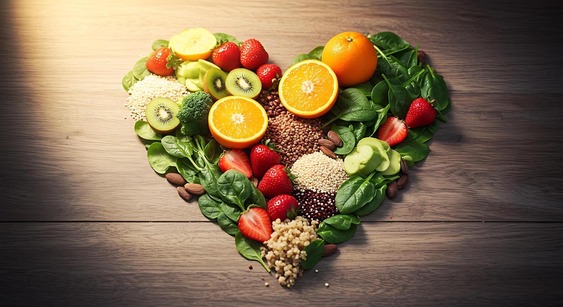 Heart shaped food is shown on a wooden table photo