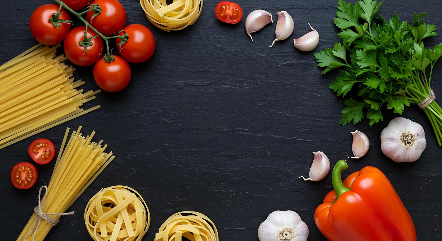 Various vegetables and pasta on a black background photo