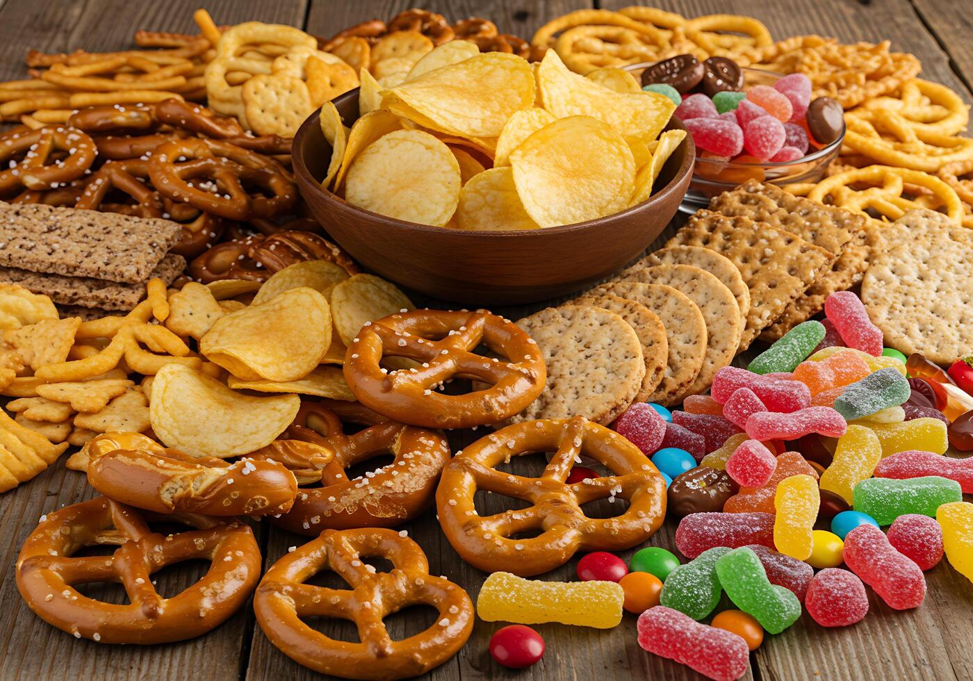 A bowl of chips, pretzels, candy and other snacks photo