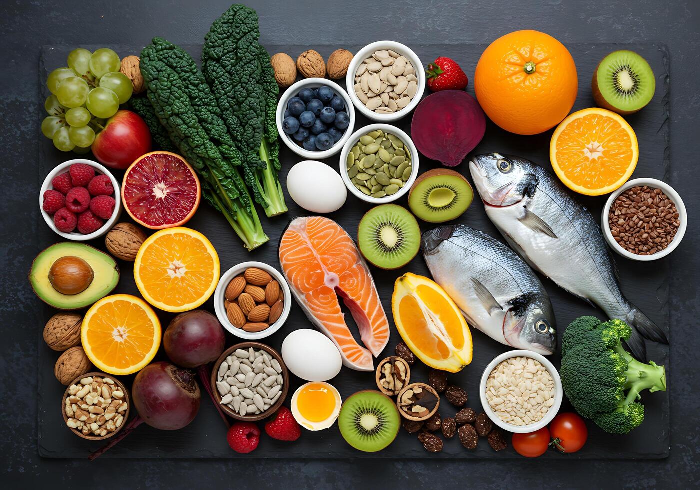 A variety of foods including fish, fruits, vegetables and nuts photo