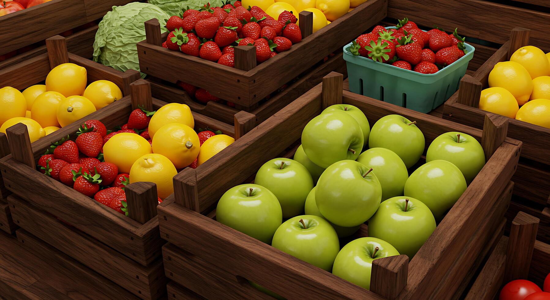A wooden crate with apples and strawberries photo