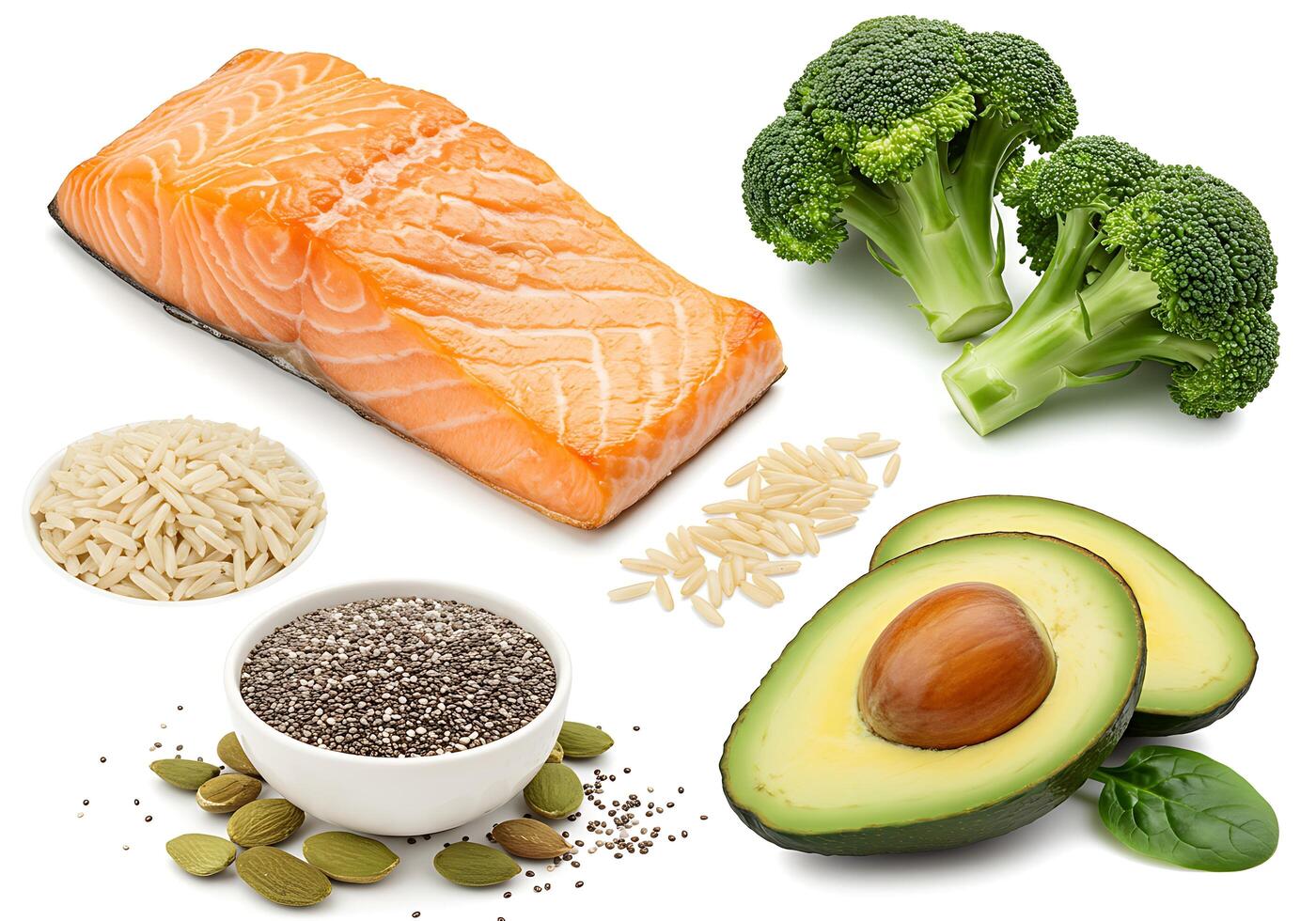 A variety of foods including salmon, broccoli, avocado, and rice photo