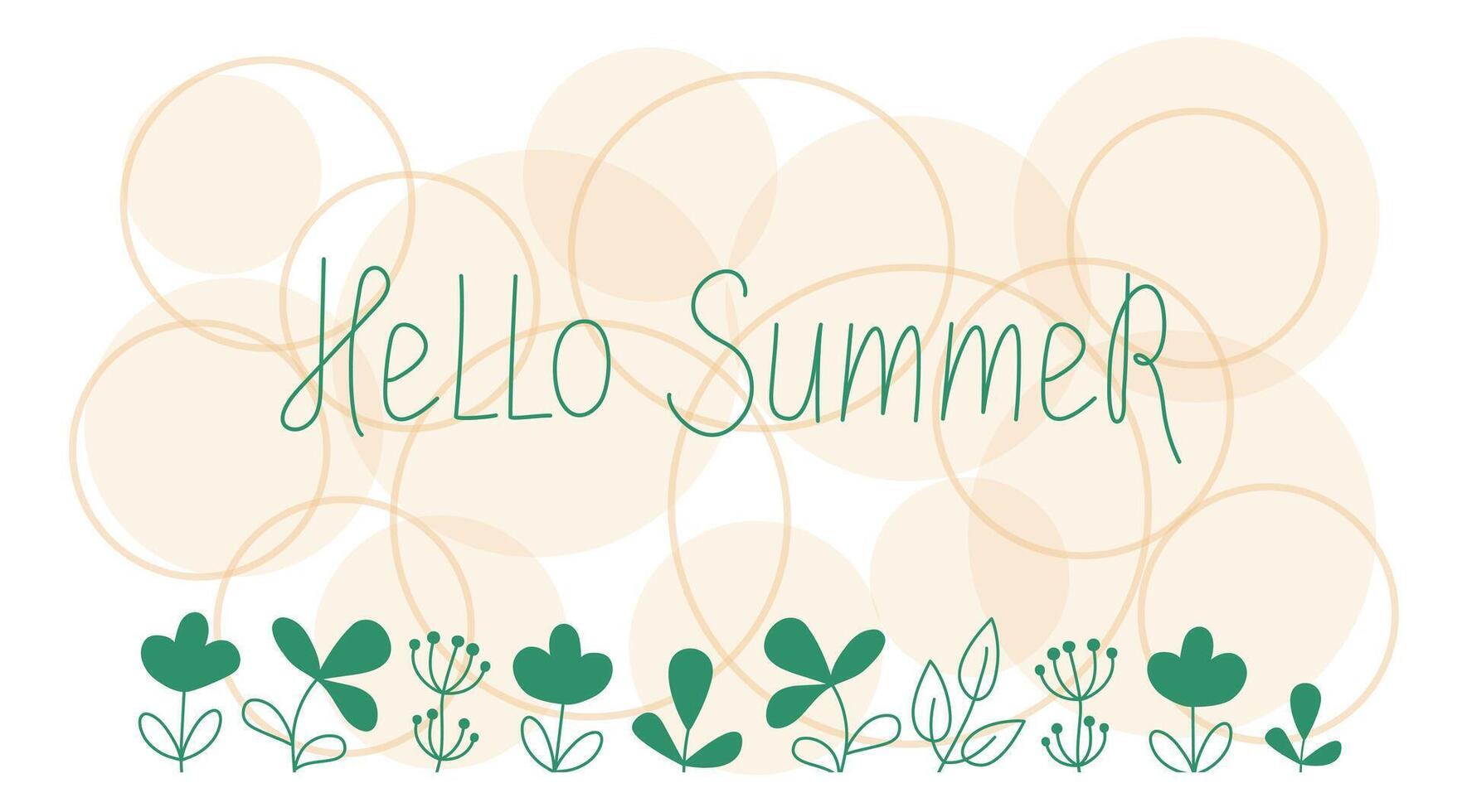 Flower border, simple drawings of plants. Banner, slogan Hello summer. Abstract flowers, leaves. Hand lettering. Illustration, doodle on white isolated background. vector