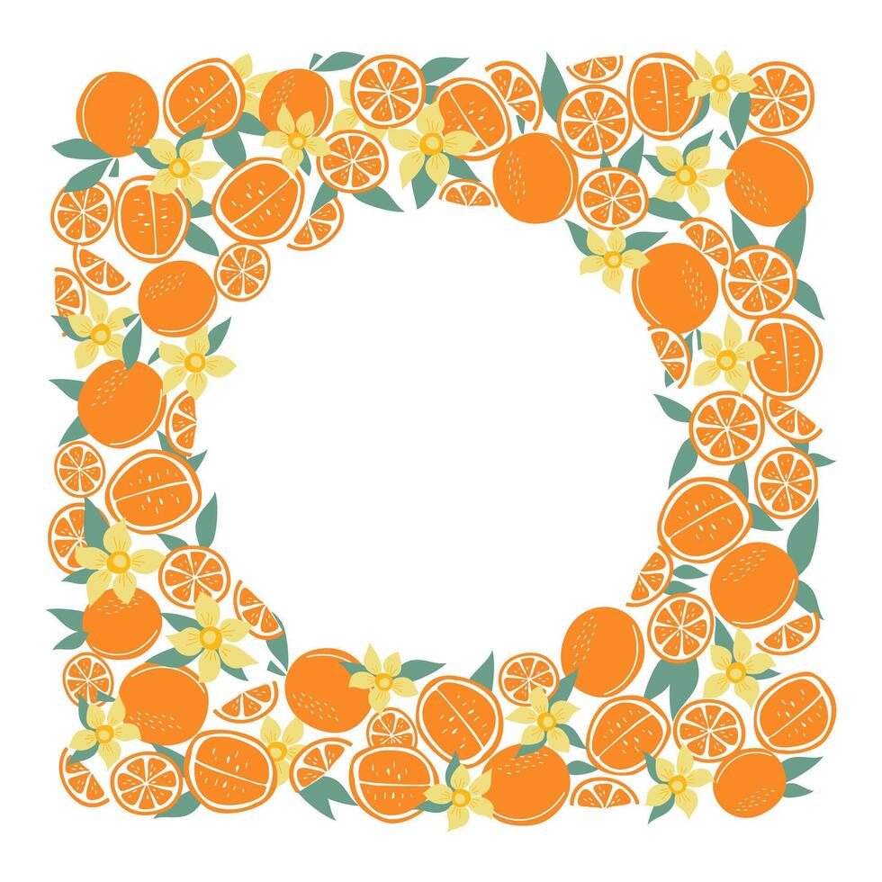 Oranges, round frame. Leaves, fruits and flowers. Fruit slices, citrus halves. Natural food. Blank summer background with space for text. Color flat illustration. Isolated white background. vector