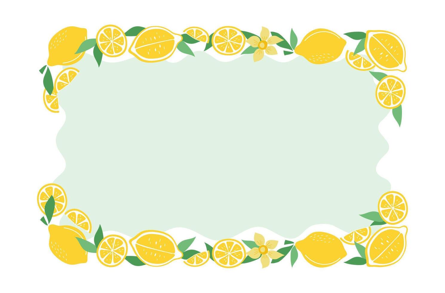 Lemons, leaves, flowers. Frame, fruits, citrus. Summer background with space for text. Color flat illustration. Isolated white background. vector