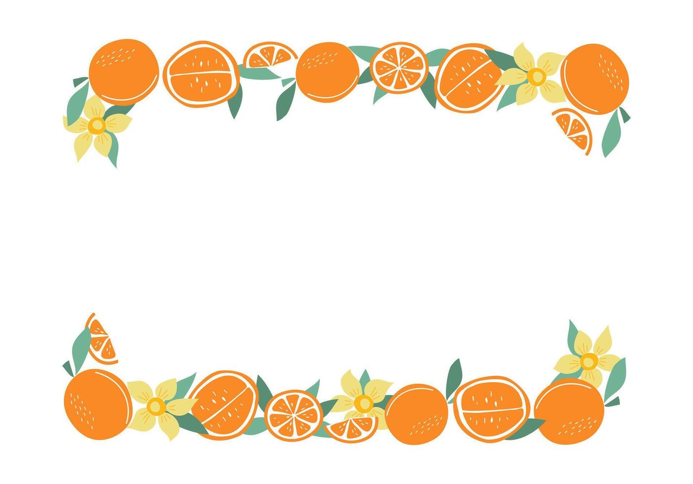 Oranges, frame. Fruit whole and cut in half, leaves, flowers. Citruses, natural food. Blank summer background with space for text. Color flat illustration. Isolated white background. vector