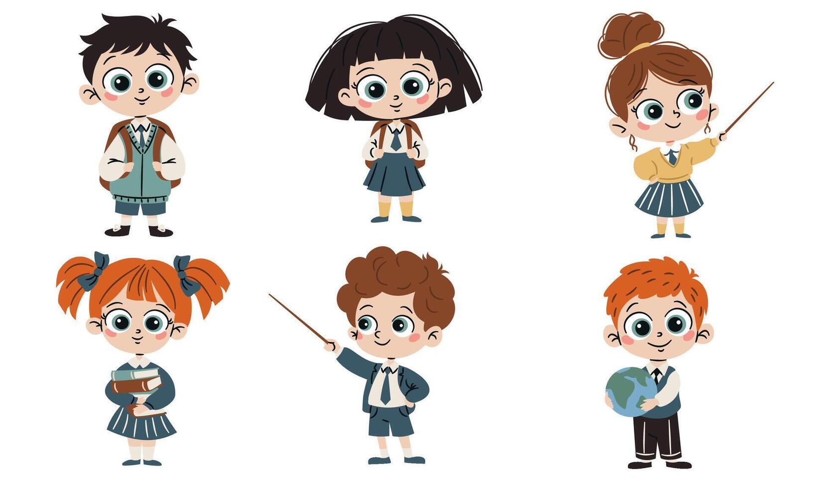 Set of flat illustrations on school theme in simple child style. Cute boys and girls in school uniform with books, backpack and globe vector