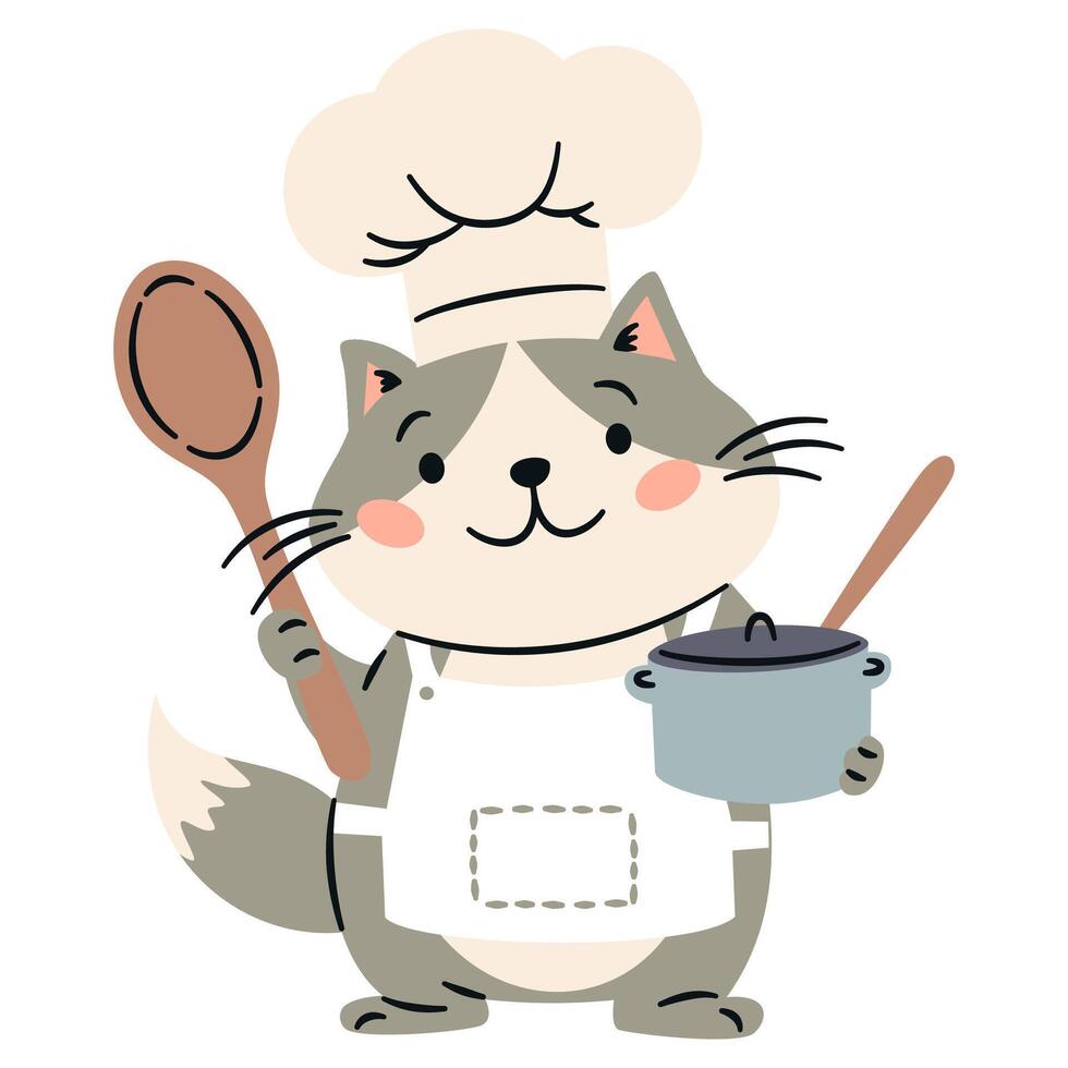 Flat illustration in a simple children's style. Cute cat cook on white background vector
