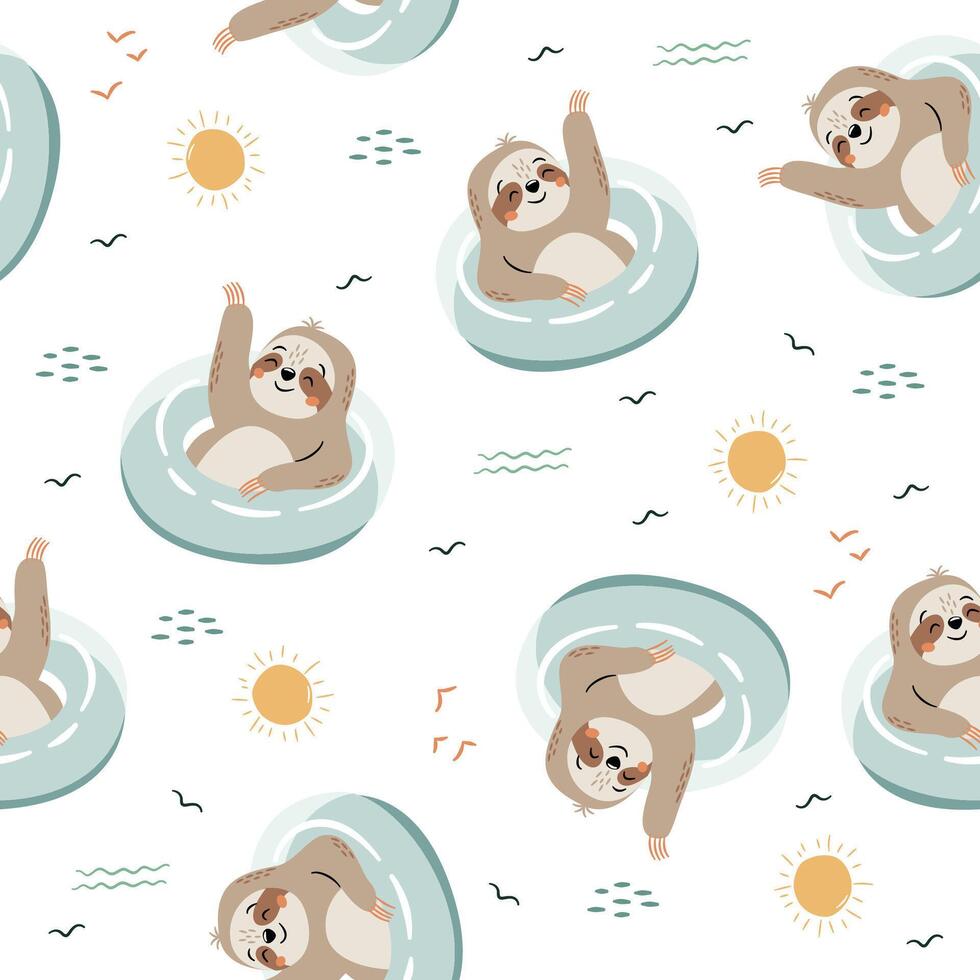 Seamless pattern. Cute sloth swimming in inflatable circle, summer elements on white background vector