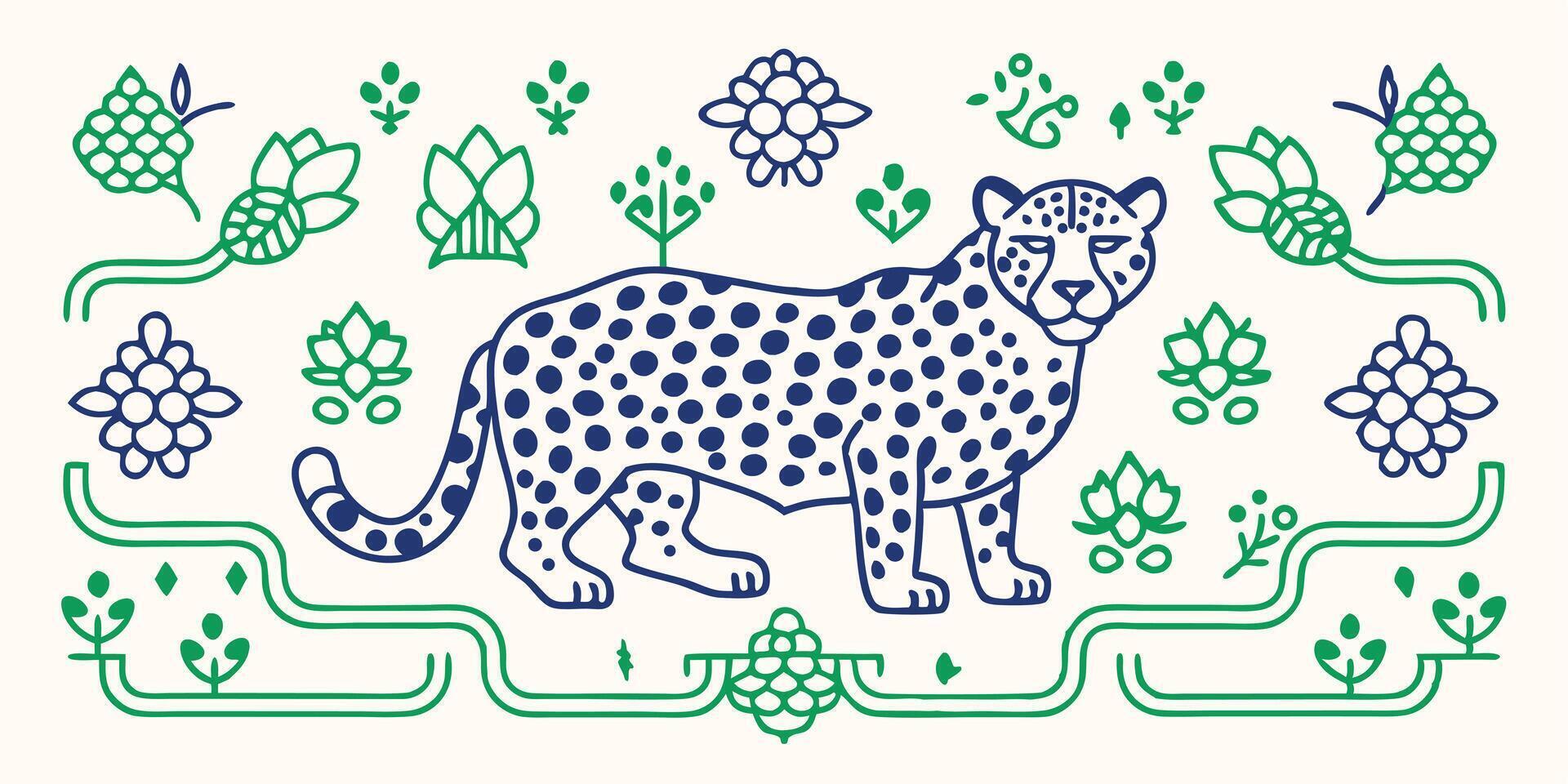 Decorative tile design featuring a blue leopard surrounded by grapes and leaves in seamless pattern vector