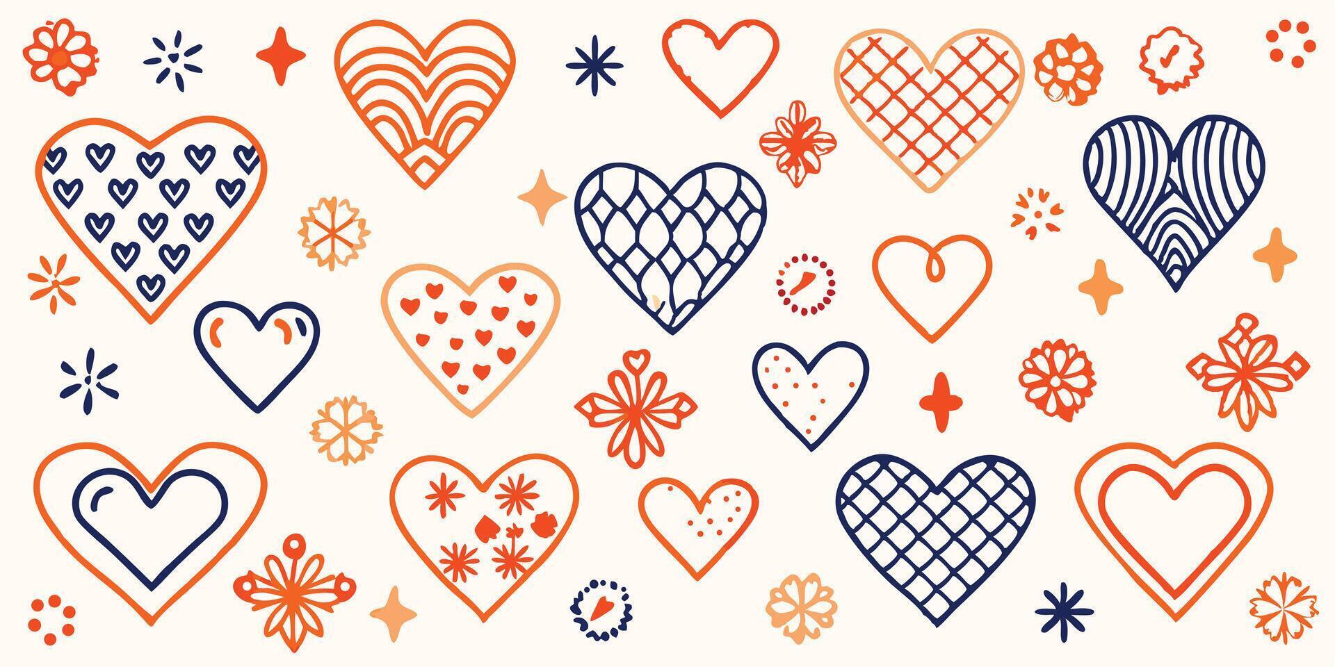 Seamless heart pattern in orange blue and navy with love symbols and floral romantic valentine style vector