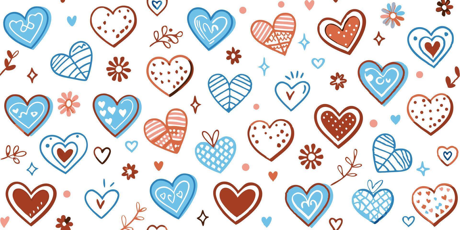 Seamless pastel romantic heart pattern with blue red orange tones and floral valentine illustrations vector